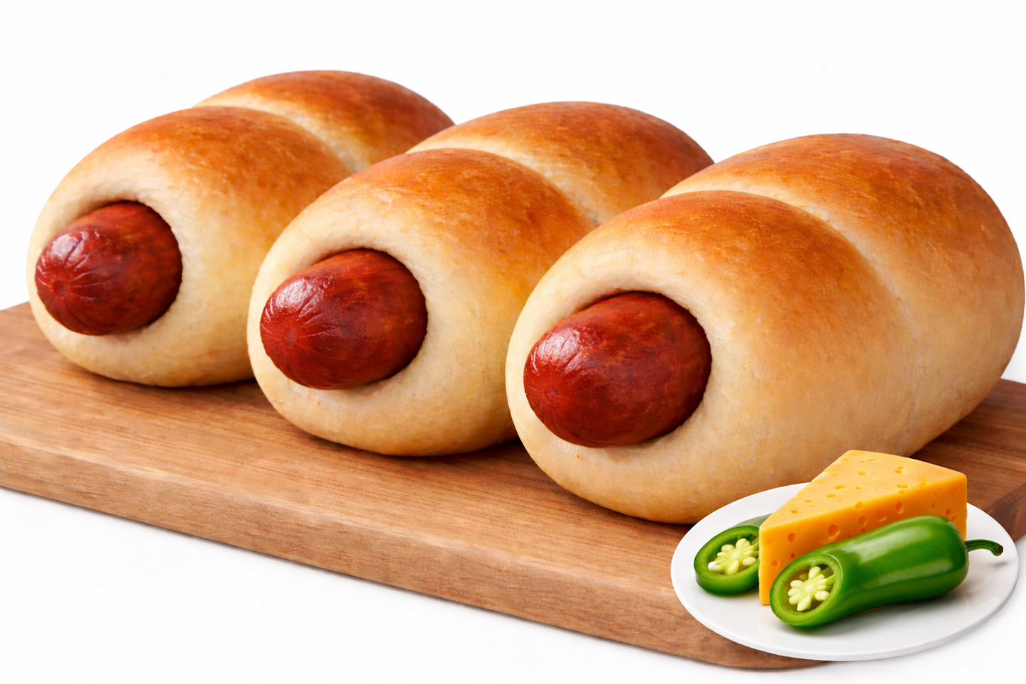 Three sausage rolls on a wooden board with cheese and jalapeños.