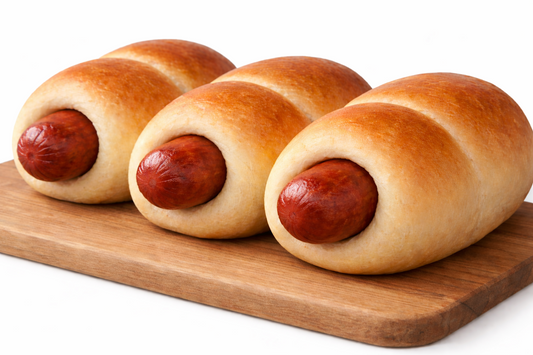 Three sausage rolls on a wooden board with a white background.