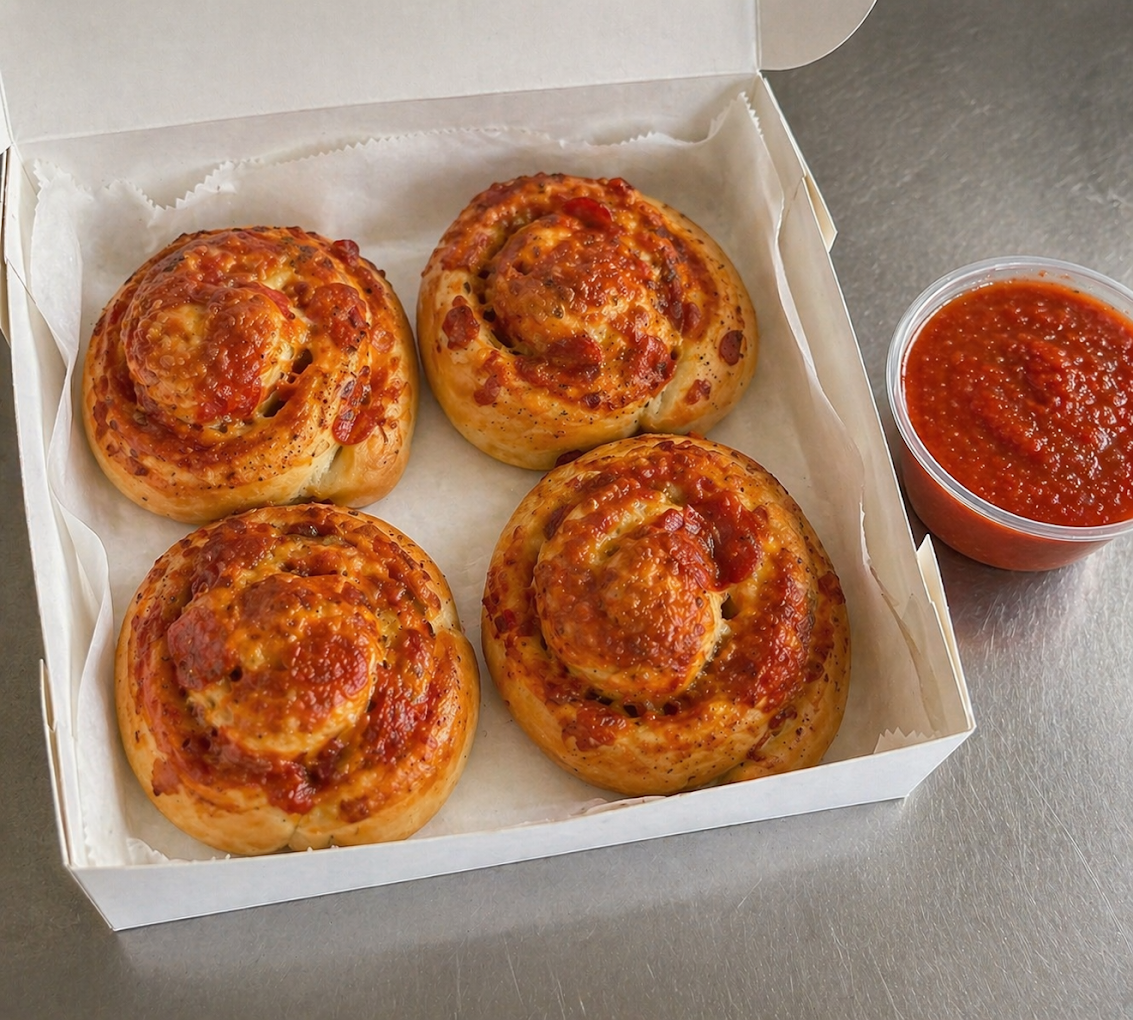 Four pizza rolls in a box with a side of marinara sauce on a stainless steel surface.