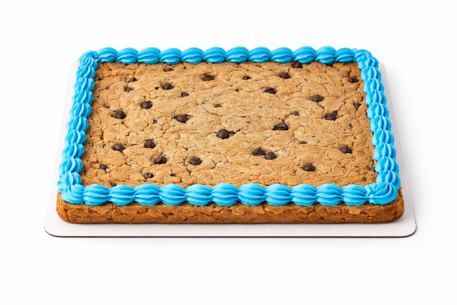 Rectangular cookie cake with blue icing border on a white background.