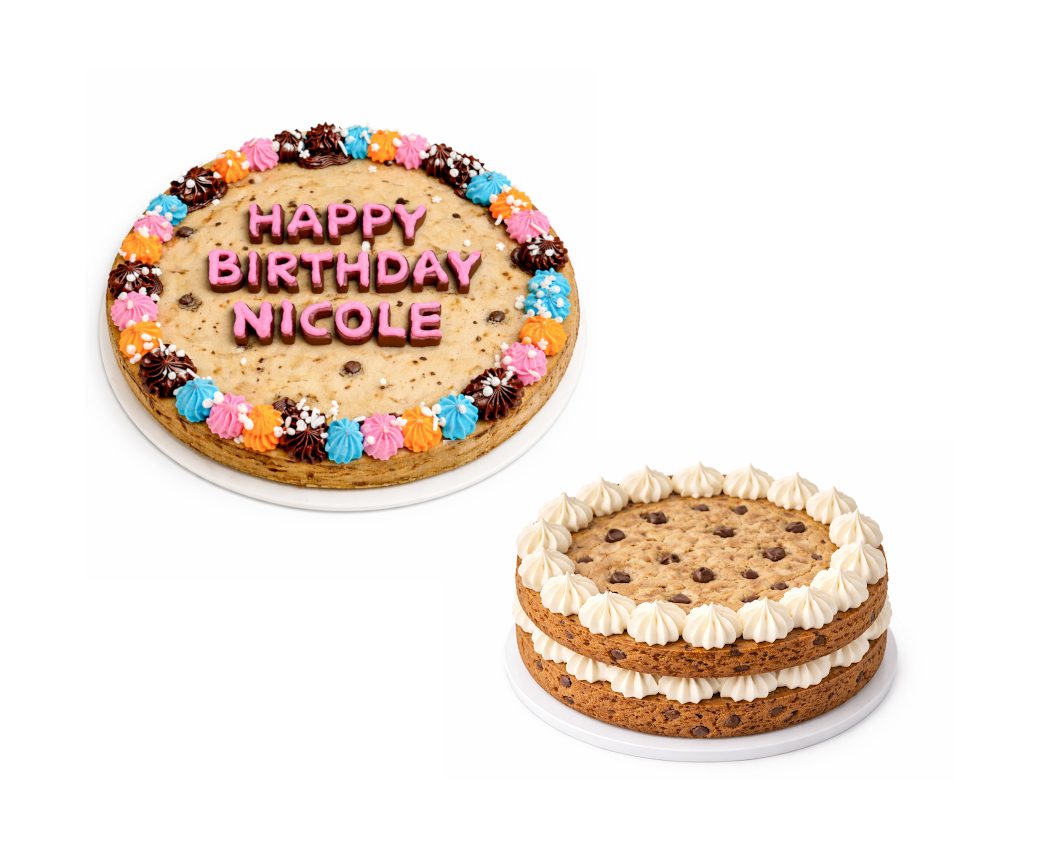 One single-layer cookie cake with 'Happy Birthday Nicole' text and a double-layer cookie cake on a white background.