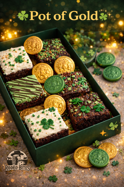 Box of assorted brownies with gold and green coins on a festive background, featuring 'Rodeo Bites' branding.