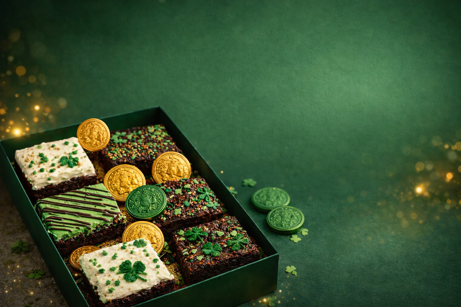 Box of assorted brownies with gold and green coins on a green background