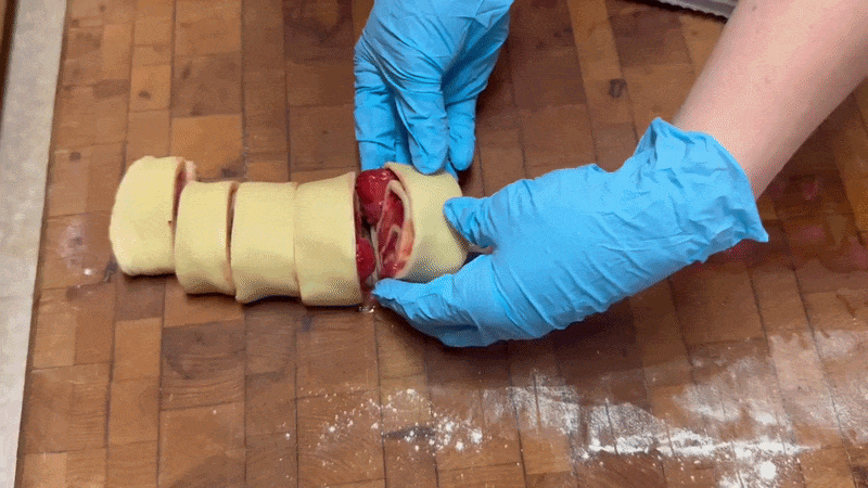 A video clip of Loren making strawberry scrolls.